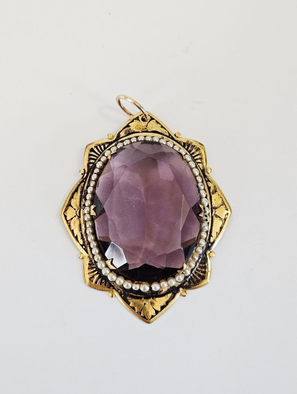 Antique Victorian Edwardian Brass Seed Pearl Enamel Pendant Converted Brooch